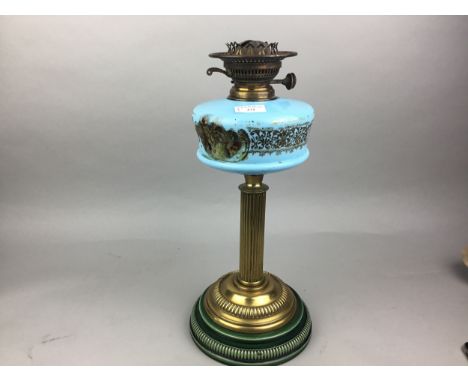 VICTORIAN OIL LAMP, with clear and cranberry glass shade