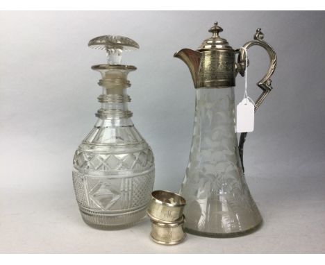 EARLY 19TH CENTURY CUT GLASS DECANTER, with mushroom stopper, 26cm high, along with a Victorian claret jug (2)