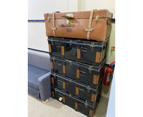 LEATHERETTE TRUNK, 92cm wide, along with four metal trunks (5)