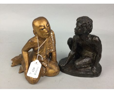 EASTEN GILT WOOD MODEL OF A DEITY, along with a bronzed sculpture of a boy (2)