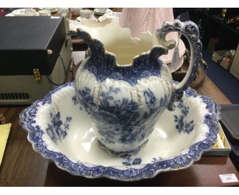 VICTORIAN BLUE AND WHITE WASH BASIN AND EWER