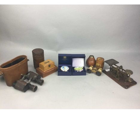 PAIR OF CARL ZEISS JENA TELACT BINOCULARS, in carry case, along with two cased enamel boxes, a pair of brass opera glasses an