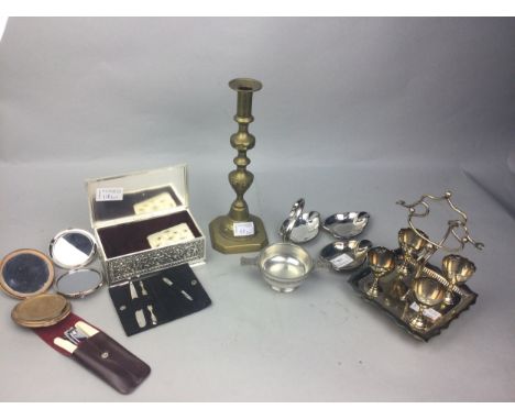 LOT OF SILVER PLATED, PEWTER AND BRASS ITEMS, including an egg epergne, candlestick, quaich, compacts and an embossed box