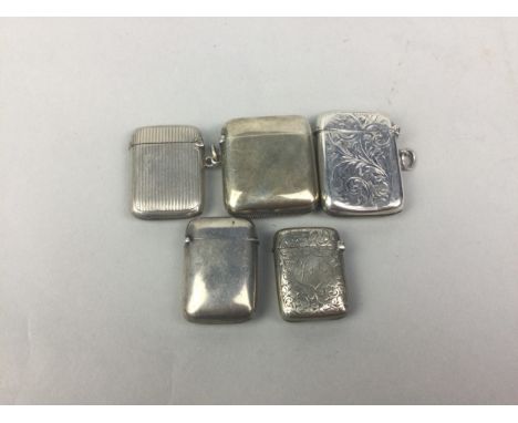 VICTORIAN SILVER VESTA CASE, with engine turned decoration, along with four other silver vesta cases (5)