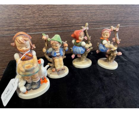 FOUR HUMMEL FIGURES OF CHILDREN, along with two ceramic bird figures (6)