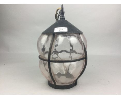 19TH CENTURY STYLE CAST IRON AND GLASS OUTDOOR LIGHT, 27cm high