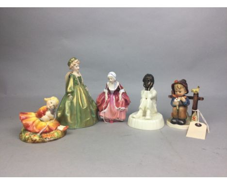 ROYAL DOULTON FIGURE OF 'GOODY TWO SHOES', HN 2037, 12cm high, along with a Royal Worcester figure of 'Marigold' and a Hummel