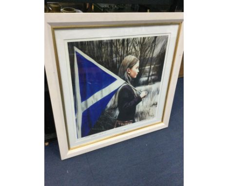 GERARD BURNS, GIRL WITH SALTIRE colour print, signed in pencil and numbered 21/29 mounted, framed and under glass 82cm x 82cm