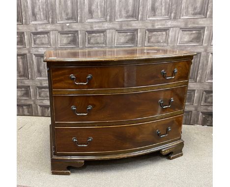 MAHOGANY BOW FRONTED CHEST OF THREE DRAWERS, on short bracket feet, 93cm wide