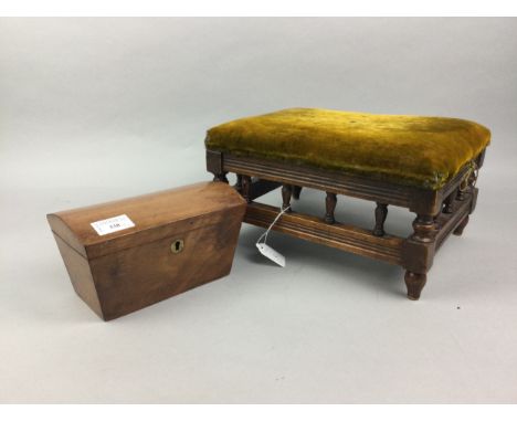 SMALL FOOTSTOOL, along with a mahogany tea caddy containing draughts peices