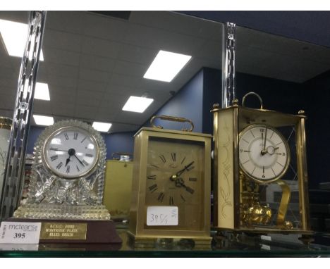 CUT GLASS MANTLE CLOCK, 14cm high, along with a carriage clock and an anniversary clock (3)