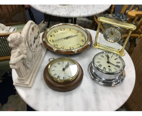 SHIP'S BULKHEAD CLOCK, along with four other clocks including mantel clocks