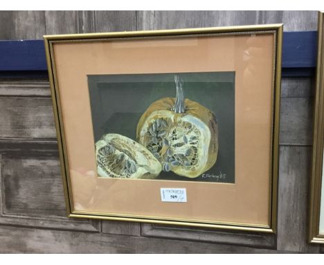 R. FURLONG, POMEGRANATE mixed media, signed and dated 85, 16cm x 21cm Mounted, framed and under glass, along a pastel of butt