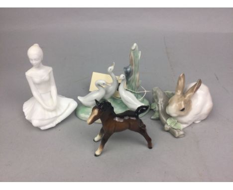 NAO FIGURE OF GEESE, 12cm high, along with a Lladro figure of a rabbit, a Beswick horse and a figure of a female (4)