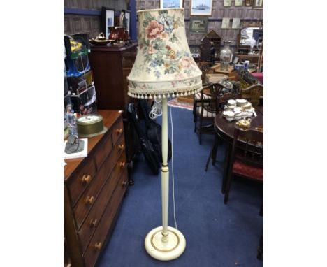PAINTED FLOOR LAMP WITH SHADE, along with another floor lamp with japanned decoration and shade (2)