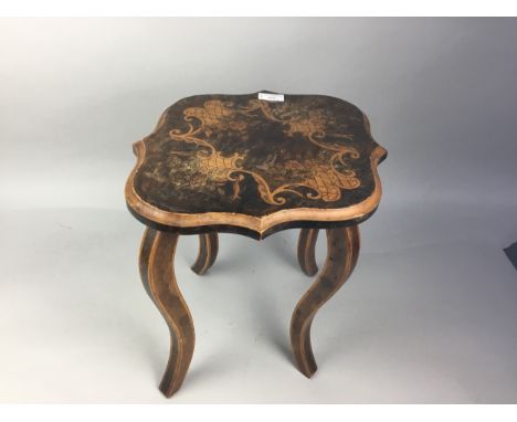 EARLY 20TH CENTURY POKERWORK STOOL, along with a mirrored brass firescreen (2)