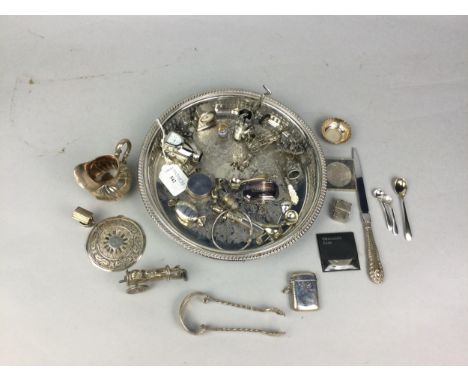 COLLECTION OF SMALL SILVER AND PLATED OBJECTS, including a Czechoslovakian cream jug, vesta case, pill boxes, sugar tongs, mo