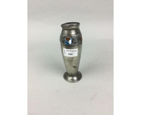 TUTRIC PEWTER VASE WITH ENAMEL DECORATION, 16cm high