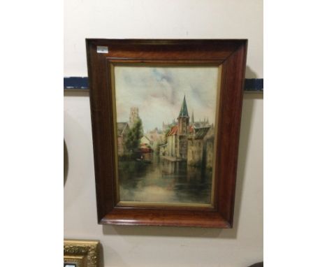 E. BURLEIGH BRUHL, 19TH CENTURY CANAL SCENE, mounted, framed and under glass, 70.5cm x 54cm overall