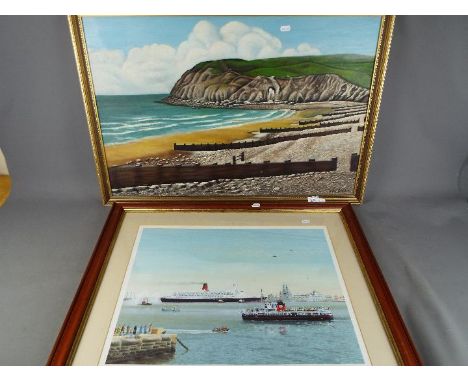 A framed oil on canvas depicting a coastal landscape, signed lower right by the artist and a limited edition print, mounted a