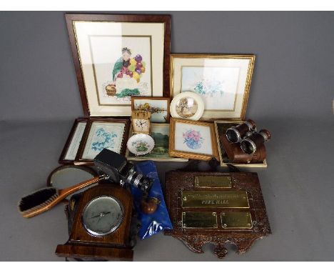 A good mixed lot to include a pair of leather cased binoculars, a Cine camera, a Lord Kenyon wall plaque, smoking pipe, a col