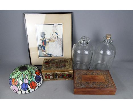 A mixed lot to include a wooden box with hand painted decoration and inset glass panels, 12 cm x 24 cm x 15 cm, a carved wood