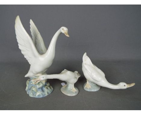 Lladro and Nao - three figurines depicting geese (one Lladro and two Nao)