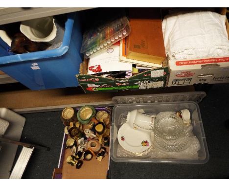 Job Lot - five boxes to include ceramic toby jugs, artist set, vintage linen, postcards, wash set and other (5)