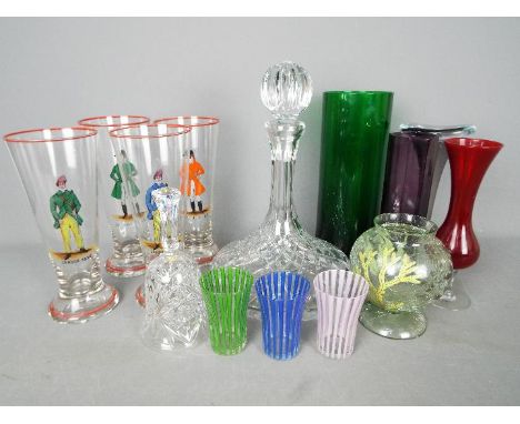 A collection of glassware to include vases, ships decanter, drinking glasses with decoration of huntsmen and gamekeepers mark