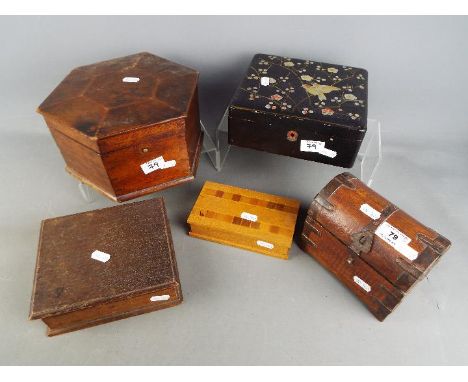 A collection of five wooden storage / trinket boxes of varying size and form. [5]