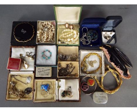 A good lot of costume jewellery with some 925 silver to include enamelled pendant on chain, filigree brooches, hallmarked sil