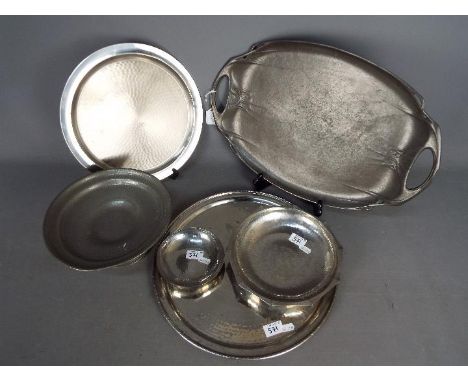 An Art Nouveau pewter tray by Hutton of Sheffield, stamped to the base '1105', approximately 48 cm x 31 cm and a My Lady pewt