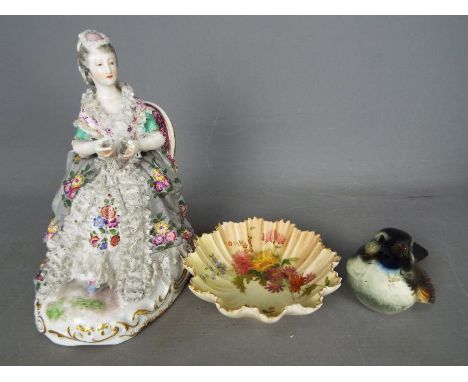 A Royal Worcester blush ivory dish, shape 1420, with floral decoration, a Goebel bird figurine and a continental porcelain mo