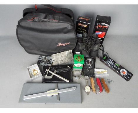 A mixed lot to include a small quantity of tools, car care kit, penknives, whisky miniature, binoculars and sinilar.