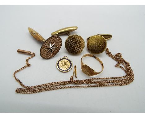 9ct Gold - a children's 9ct gold signet ring and a pendant, both stamped 9ct, a yellow metal necklace, cufflink's and other, 