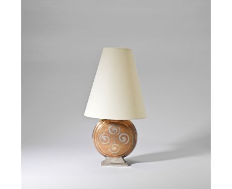 Luc Lanel for ChristofleDinanderie table lamp, circa 1929 Mixed metal with geometric design, fabric shade. 44 cm highProduced