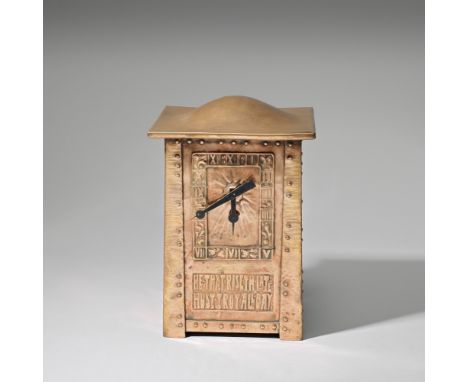 Arts and CraftsMantel clock, circa 1905Copper, with riveted edges, embossed dial and inscription 'He That Riseth Late Must Tr
