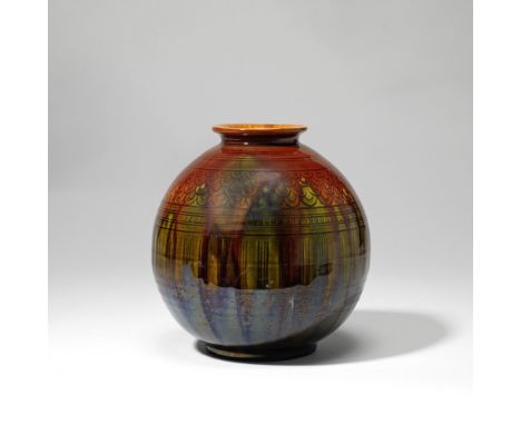 Dr Christopher Dresser: Made by Linthorpe PotteryGlobular vase, circa 1880Pottery, incised motifs, streaked glaze.16.5 cm hig