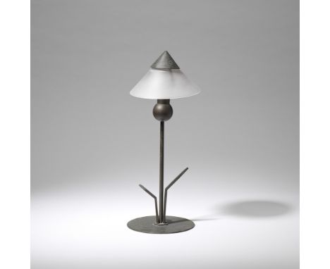 Marc ErolTable lamp, circa 1930Patinated metal, glass shade. 36 cm highUnderside impressed 'LA CREMAILLERE MADE IN FRANCE', p