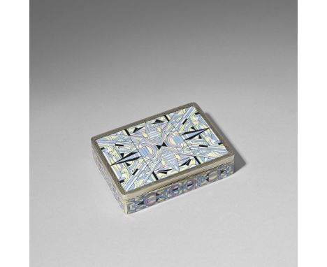 GermanBox with hinged cover, 20th centurySilver, enamel, wood lined.3 cm high, 12.5 cm wide, 9 cm deep, (9.2 cm deep with thu