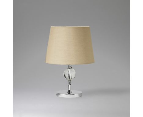 Possibly FrenchTable lamp, 20th centuryChromium-plated metal, glass, fabric shade.33 cm highFor further information on this l