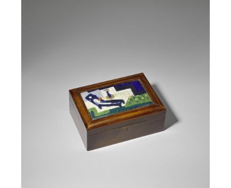Mathilde Flögl for Wiener WerkstätteWooden box with inset enamel plaque, circa 1928Stained wood box of rectangular form, havi