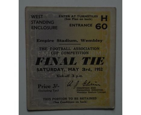 Rare ticket for the 1952 FA Cup Final. Condition Good