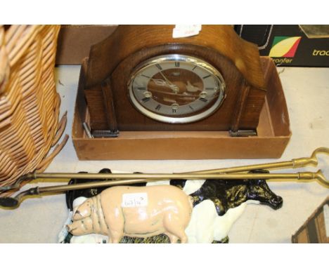 Oak mantel clock and fireside ornaments etc