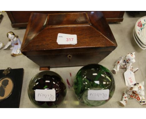 2 paperweights and tea caddy