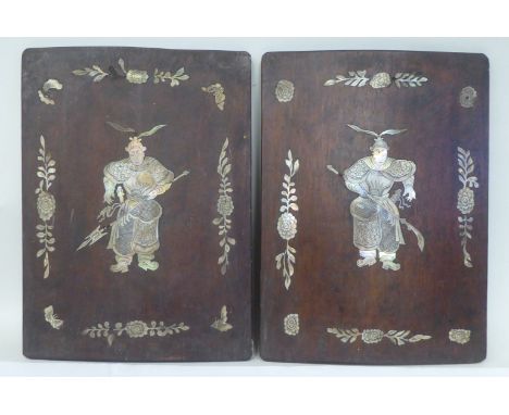 A pair of Chinese hardwood panels, inlaid in engraved mother-of-pearl, depicting warriors bearing arms&nbsp; 11" x 8" 