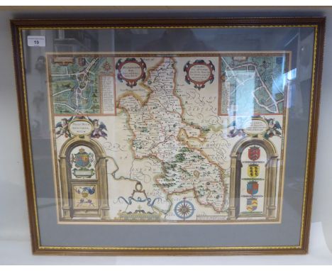 A 17thC John Speed coloured county map 'Buckingham Both Shyre and Shire' incorporating birdseye views of Buckingham and Reddi