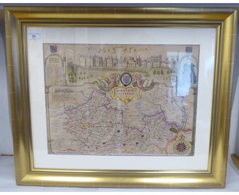 A 18thC coloured county map 'Barkshire Described' in a figural cartouche, incorporating an elevation view of Windsor Castle a