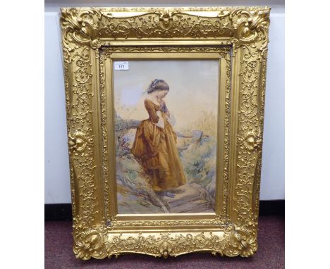 In the manner of Paul F Poole - a study of a young woman in a landscape&nbsp; watercolour&nbsp; 17" x 11"&nbsp; framed 