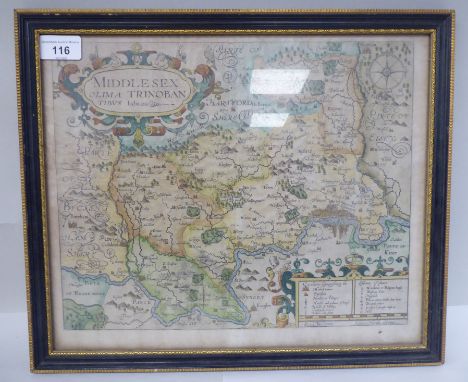 An early 17thC Johannes Morden coloured county map 'Middlesex' with a title cartouche, index and compass&nbsp; 9.5" x 11"&nbs